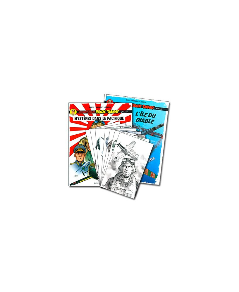 Les aventures de Buck Danny - Tome 4 : L'île du diable - Coffret contenant dix petits ex-libris