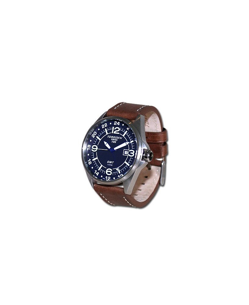 Montre Torgoen T25 103 - boîtier acier, cadran bleu et bracelet marron en cuir